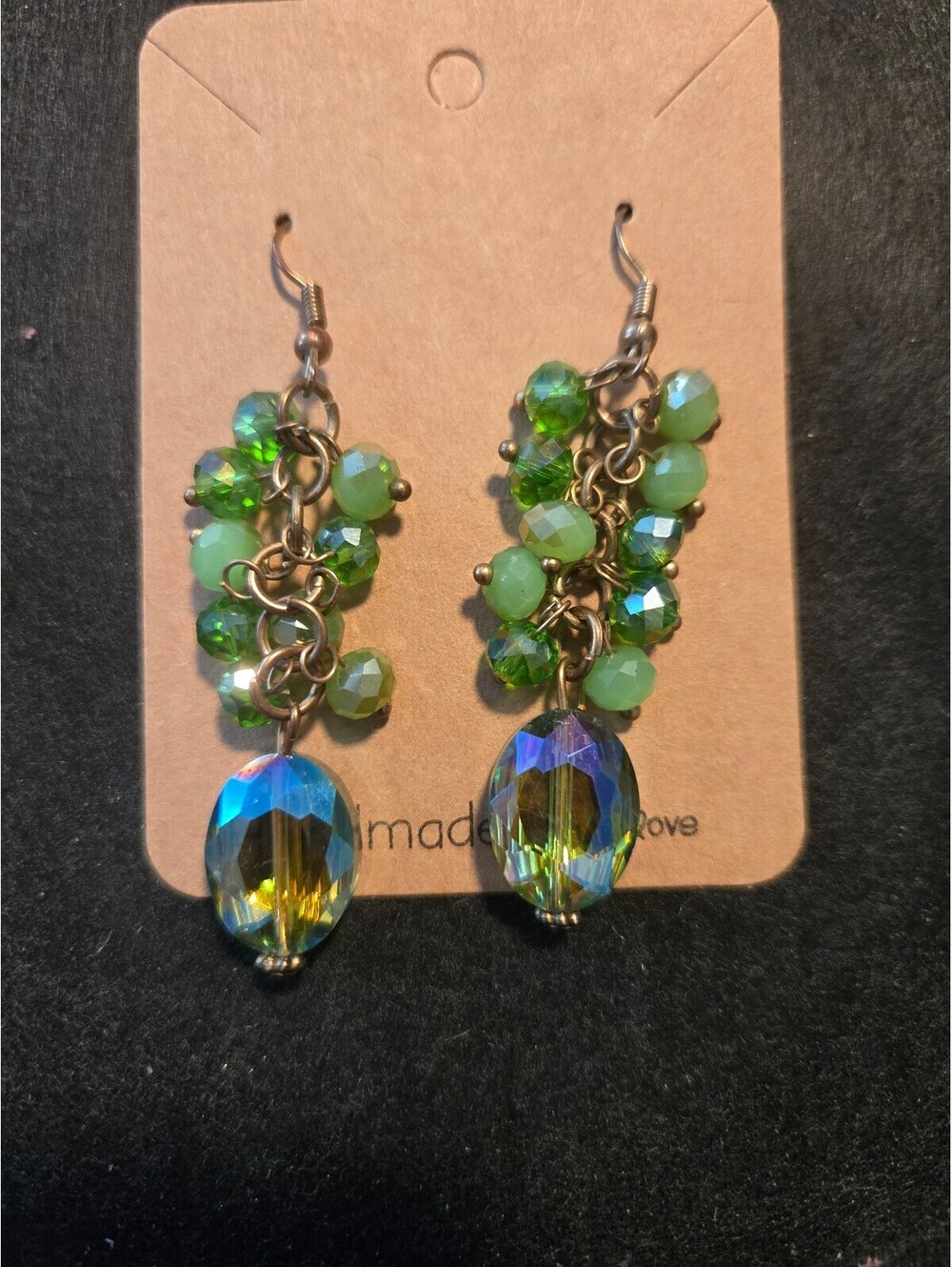 Green Beaded Dangle Earrings with Crystal Accents